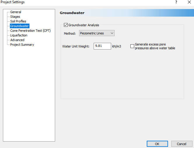 Project Settings dialog - Groundwater Tab